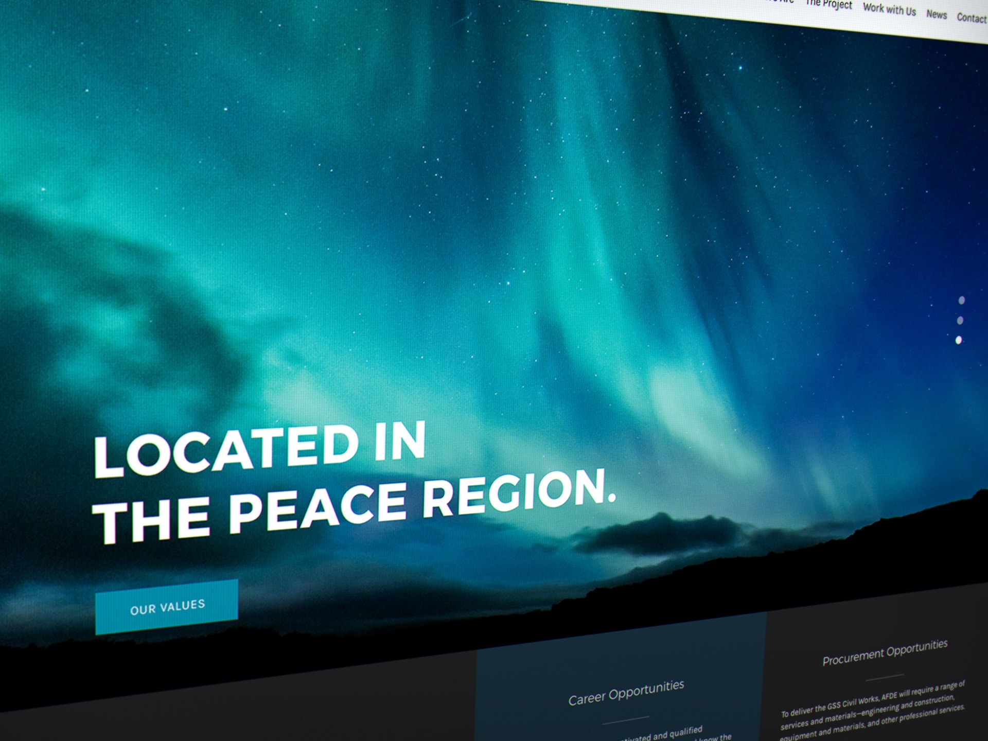 AFDE homepage slide showing the Peace River northern lights