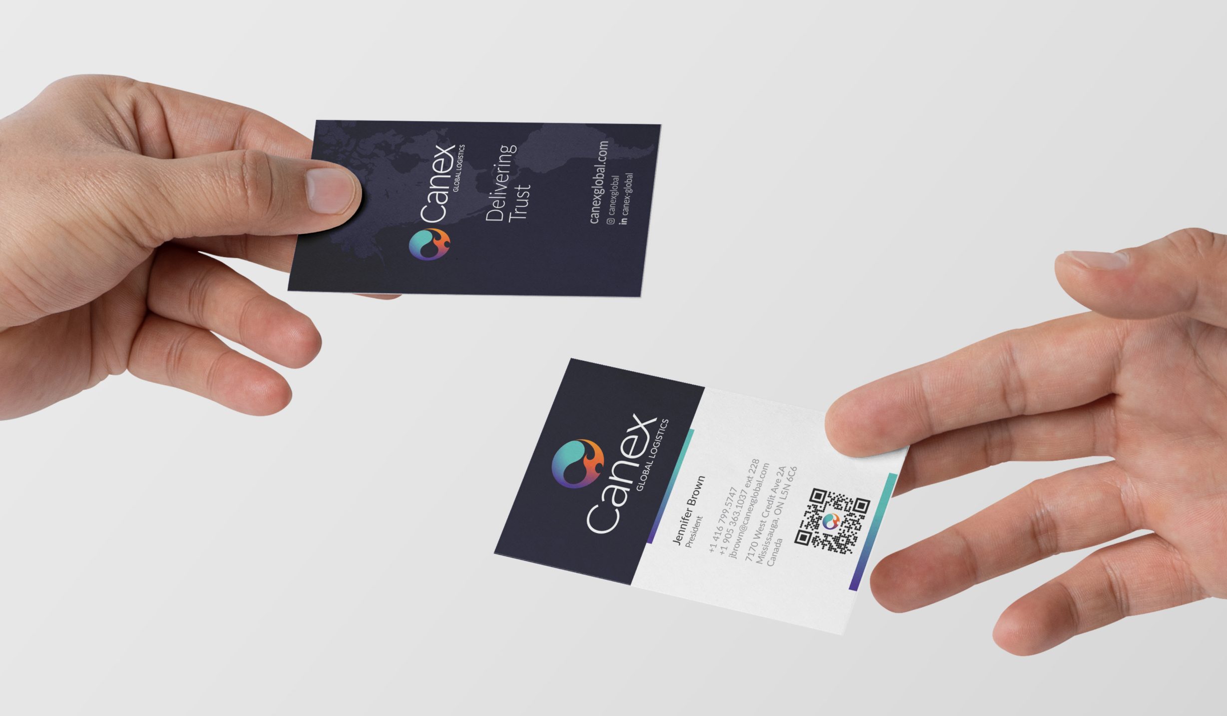 Canex Global Logistics New Business Cards Front and Back in Hand