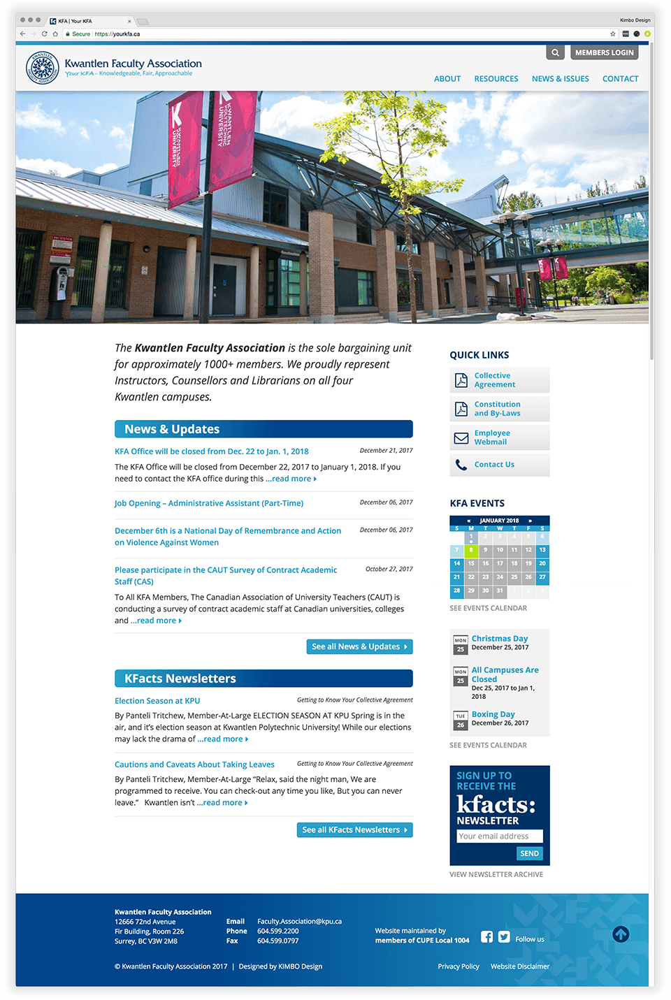 Kwantlen Faculty Association KFA website front page full preview