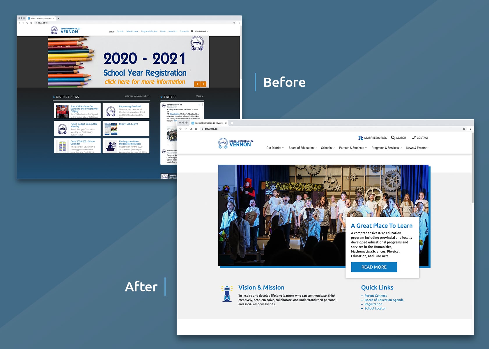 School District 22 Vernon website before & after