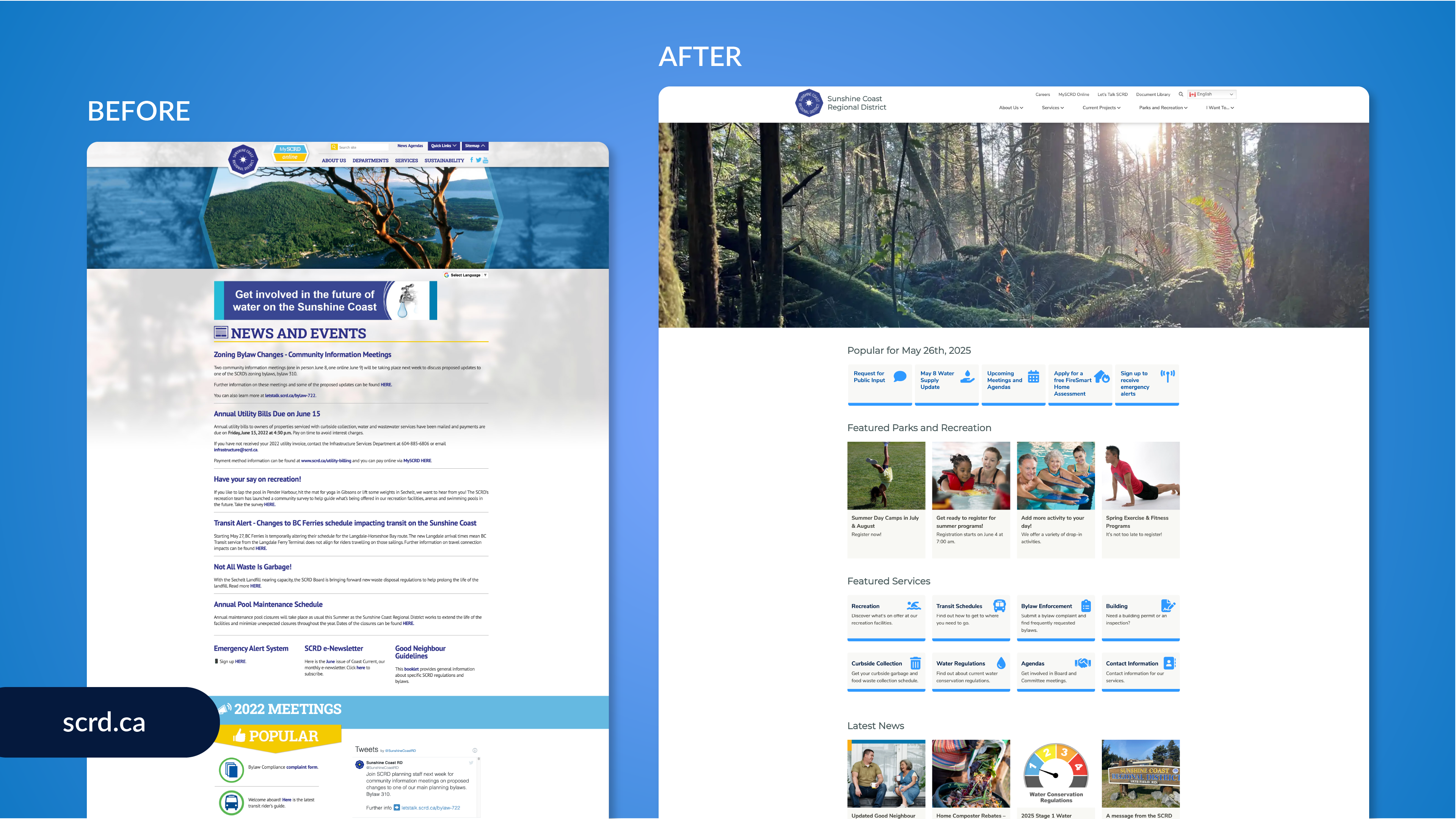 Side-by-side comparison of the Sunshine Coast Regional District website before and after a modern redesign. The updated version features improved navigation, mobile responsiveness, and clean layout.